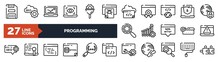 Programming Thin Line Icons Set. Trendy Outline Icons Collection. Floppy Disk Thin Line, Seo Cloud Thin Line, Advertising Bounce Visibility Seo Funnel Vector Illustration.
