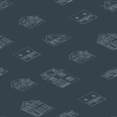 Wall Mural - A pattern of drawn houses in a linear style on a dark gray background for printing and design. Vector illustration.