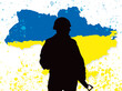 We support Ukraine. Silhouette of a Ukrainian warrior defender on a map background. Flag of Ukraine. Save Ukraine.