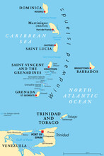 Windward Islands Political Map. Islands Of The Lesser Antilles, South Of The Leeward Islands In The Caribbean Sea. From Dominica, Martinique, Saint Lucia, Saint Vincent And The Grenadines, To Grenada.