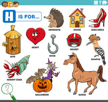 Letter H Words Educational Set With Cartoon Characters
