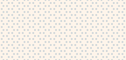 Vector minimalist seamless pattern with tiny geometric flowers, snowflakes, star shapes. Simple abstract blue and light beige background. Modern minimal texture. Repeat design for wallpapers, decor
