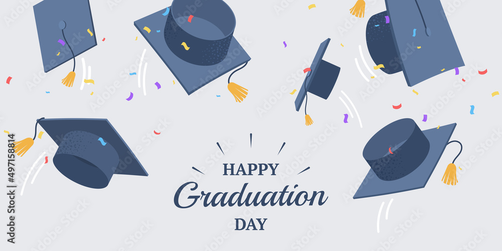 Graduation caps flying up. Happy graduation day banner design ...