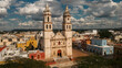 San Francisco de Campeche Cathedral by Independence Plaza in Campeche, Mexico. Aerial View