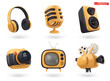 3d icon set audio and video. Headphones, microphone, speaker, camera, retro TV, film projector