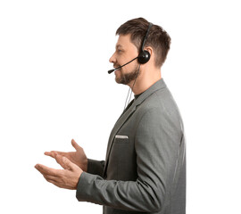 Wall Mural - Consultant of call center in suit with headset on white background