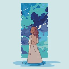 vector illustration of girl in the water looking at the sky from the window