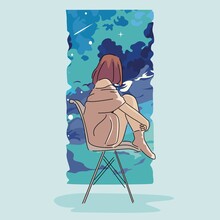 Vector Illustration Of Girl Sitting And Looking At The Sky From The Window
