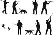 Vector silhouettes of an adult male hunting upland game (pheasant). 