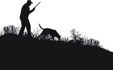 Vector Silhouettes Of An Adult Male And His Dog Hunting Upland Game. 