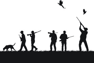 vector silhouettes of an adult male hunting upland game (pheasant).