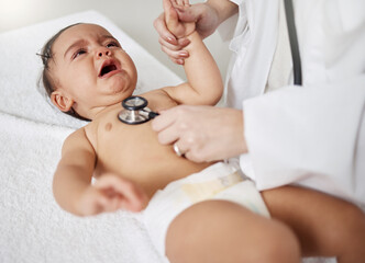 Canvas Print - Lets see whats upsetting you so much. Shot of a paediatrician using a stethoscope during a babys checkup.