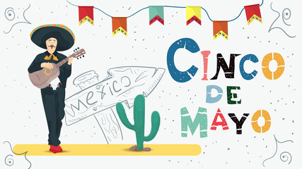 Wall Mural - Vector flat design illustration on the theme of the Mexican holiday Cinco de Mayo A man in a suit with a guitar on the background of a pointer and a cactus