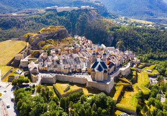 Panoramic view from the drone on the city Briancon. France