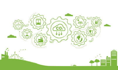 Wall Mural - Reduce carbon dioxide emissions to limit global warming and climate change. Lower CO2 levels with sustainable development as renewable energy and electric vehicles - green city vector