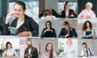 © golubovy - Video coaching. Elearning conference. Virtual seminar. Remote education. Collage of group studying business project management online in digital class on screen.