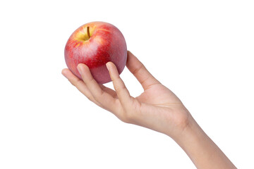 Poster - Female hand holding red apple isolated on white background. 