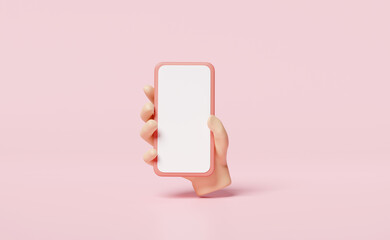 3d hand holding smartphone isolated on pink background. hand using mobile phone, screen phone template, empty screen phone mockup, minimal concept, 3d render illustration