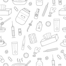 Hand Drawn Seamless Pattern With The Image Of Remedies That Help During Colds, Flu. Doodle Style. Vector.