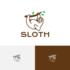 Lazy Cute Sloth Hanging Tree Branch Nature Logo