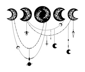 Wall Mural - mystical boho moon phases isolated clipart on white, celestial magic moon composition, black moons s