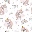 Cute unicorn and rainbow in boho style seamless pattern. design for scrapbooking, decoration, cards, paper goods, background, wallpaper, wrapping, fabric and all your creative projects