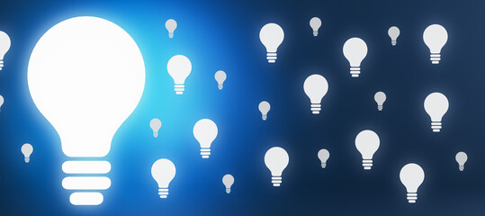 Wall Mural - Creative wide light bulb on blue background with bright mock up place. Idea and success concept. 3D Rendering.