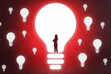 Wall Mural - Creative businesswoman outline with light bulb on red background with bright mock up place. Idea and success concept. 3D Rendering.