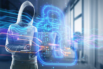 Canvas Print - Hacker using laptop computer with creative glowing digital padlock hologram on blurry office interior background. Secure, hacking and safety concept. Double exposure.