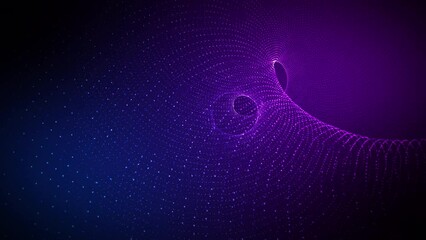 Wall Mural - Purple glowing particles and fiber splines make swirl patterns on a 4K blue background.