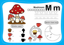Alphabet Letter M - Mushroom Exercise With Cartoon Vocabulary Illustration, Vector