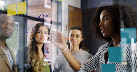 Sticker - We should try it this way. Cropped shot of a diverse group of businesspeople brainstorming on a glass wall in a modern office.