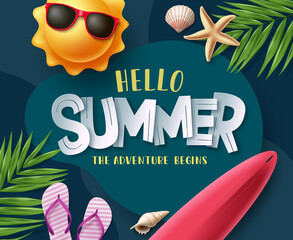 Wall Mural - Summer vector background design. Hello summer greeting text with beach elements for holiday season banner design. Vector illustration.
