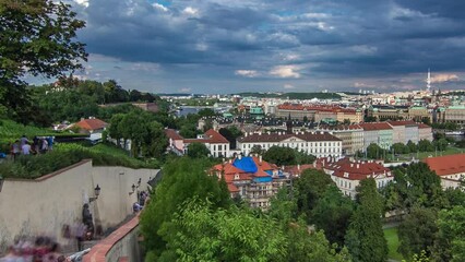 Wall Mural - Tourists on the stairs leading to the Prague Castle timelapse. District of the Lesser Town Mala Strana . Prague, Czech Republic.