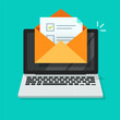 © vladwel - Survey online vote email checklist on computer pc or digital exam task icon on laptop pc form to choose check mark flat cartoon illustration, electronic questionnaire or web feedback quiz