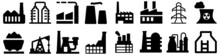 Industrial Factories Vector Icons Set. Factory Icon Illustration. Industry Power, Chemical Manufacturing Building Warehouse Nuclear Energy Plant. 
