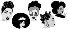 Set Of Beautiful Black Women With Afro Hair, Turban, Comb And Braids. African Girls Silhouette For Logo. Vector Template Black Sisterhood. Hairdresser Or Make Up Artist Template For Curly Hairstyles.