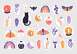 Halloween magical stickers flat vector illustration. Mystical crystal, rainbow, celestial butterfly, snake, cat, witch hand, mushrooms, potion, moon. Witchcraft symbol. Esoteric alchemy element.