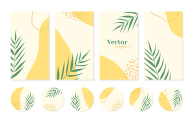 Wall Mural - minimal instagram stories templates and highlights icons in yellow colors with palm leaves. abstract