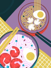 Wall Mural - Noodles soup.Flat appetizing. Abstract noodles, shrimp, lemon. Colored Japanese food  illustration. Funny colored typography poster, apparel print design, restaurant menu decoration. Asian food poster