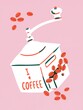 Hand drawing vintage coffee grinder, beans. Coffee shop. Manual coffee grinder. Funny illustration poster. Retro manual coffee grinder or mill sketch in vintage style. Breakfast. Cartoon style