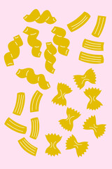 Wall Mural - Pasta vector cartoon flat illustration. Icons Italian pasta simple style for your design. Cooking ingredients set. Food vector illustration. Cooking Italian snacks hand drawing. 