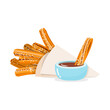 Churros icon. Illustration of traditional spanish sweet dessert and chocolate dip isolated on a white background. Vector 10 EPS.