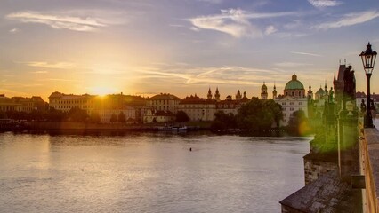 Wall Mural - View from Charles Bridge in Prague during the sunrise timelapse, Bohemia, Czech Republic.