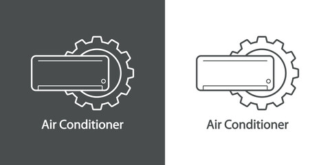 Poster - Reparación y servicio de aire acondicionado. Logo con texto Air Conditioner con aparato y rueda dentada con líneas en fondo gris y fondo blanco