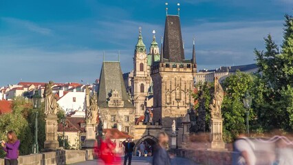 Canvas Print - A view along Charles Bridge in Prague towards the Lesser Quarter in the morning timelapse.