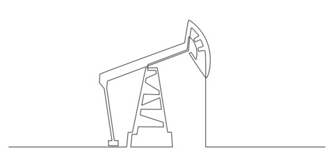 Aufkleber - One continuous line drawing of oil pumpjack. Pump station petroleum production and trade industry in simple linear style. Non-renewable energy concept. Editable stroke. Doodle vector illustration