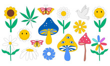 Set With Retro Flowers, Psychedelic Mushrooms With Eyes, Butterflies. Daisies, Hemp Leaf, Flower With Smiley Face, Pigeon. Color Vector Illustrations Isolated On A White Background.