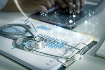 Wall Mural - doctor analyzing medical report Healthcare business network connection