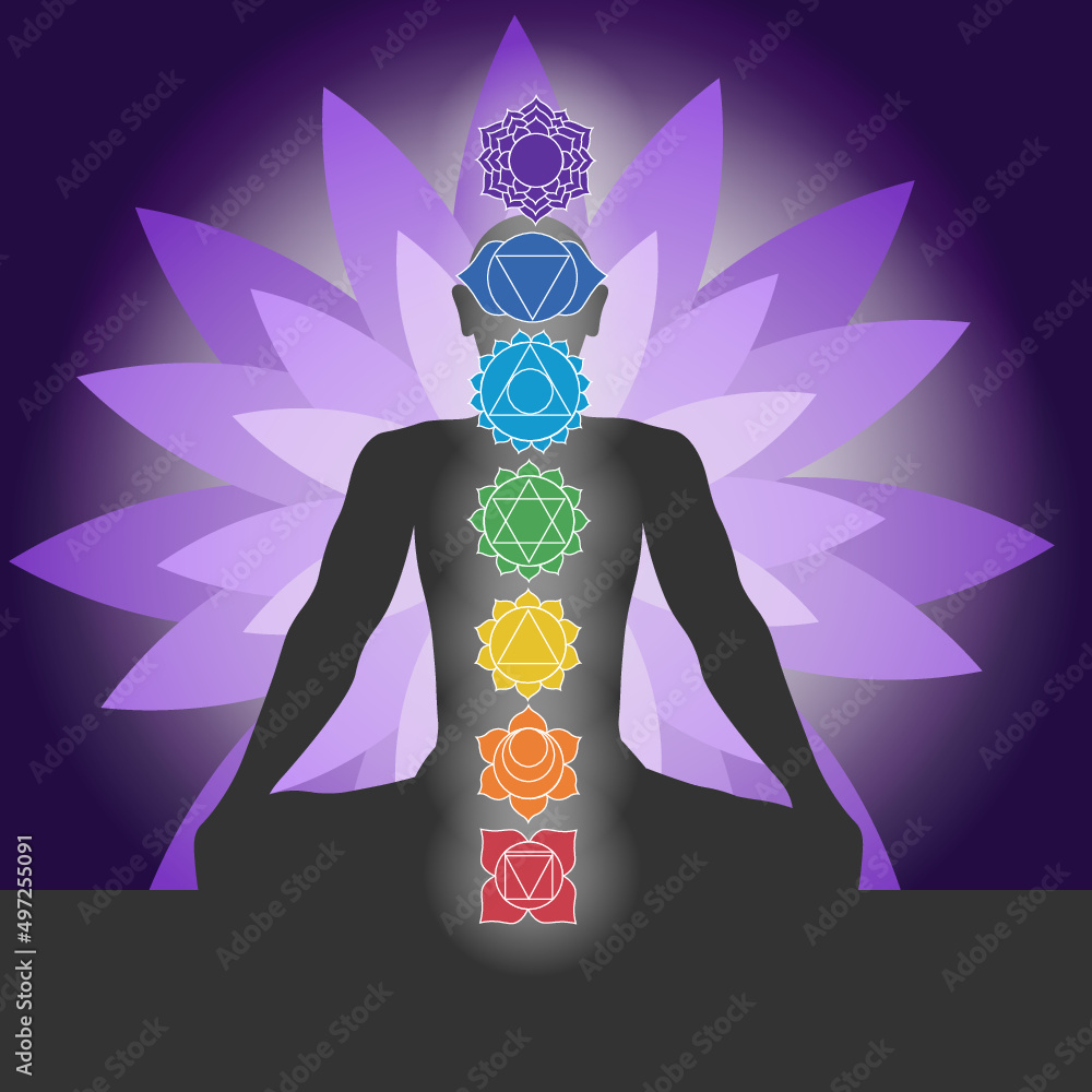 Figure in lotus pose, seven chakras in color. Symbols for spa ...